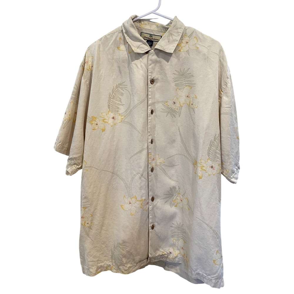 Vintage Tommy Bahama Mens Large 100 Silk Floral Tropical Shirt Beige Button Down